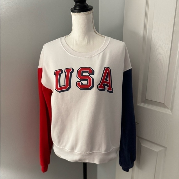 Modern Lux USA Patriotic Color Block Red White & Blue Crewneck Sweatshirt Sz L - Picture 2 of 9
